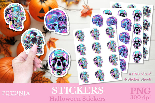 Iridescent Skull Stickers | Halloween Stickers Sublimation Petunia Digital Design 