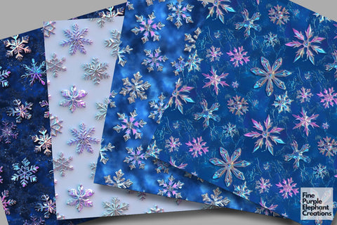 Iridescent Snowflakes Digital Paper | 3D Blue Holiday Sublimation Winter Digital Pattern Fine Purple Elephant Creations 
