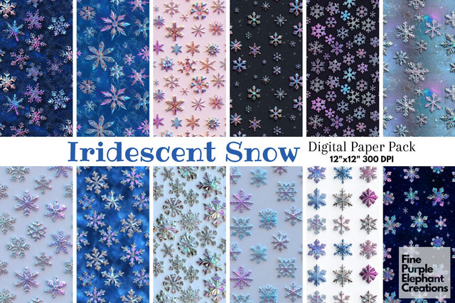 Iridescent Snowflakes Digital Paper | 3D Blue Holiday Sublimation Winter Digital Pattern Fine Purple Elephant Creations 