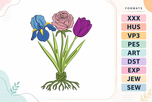 Iris Rose Tulip Floral Trio with Roots Embroidery Design Embroidery/Applique DESIGNS sg embroidery 