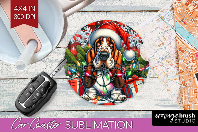 Irish Basset Hound Funny Christmas Dog Car Coaster Sublimation OrangeBrushStudio 