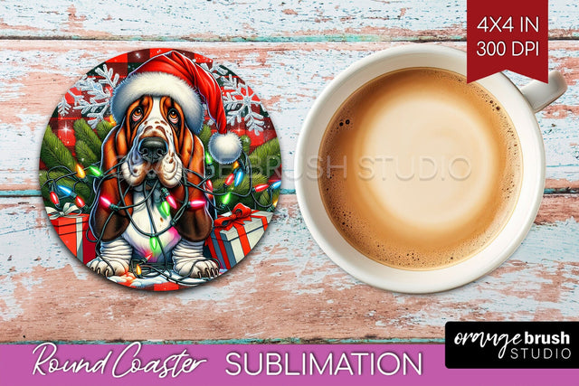 Irish Basset Hound Funny Christmas Dog Round Coaster Sublimation OrangeBrushStudio 