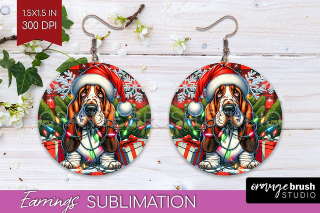 Irish Basset Hound Funny Christmas Dog Round Earrings Sublimation OrangeBrushStudio 