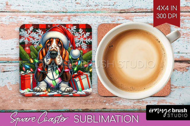 Irish Basset Hound Funny Christmas Dog Square Coaster Sublimation OrangeBrushStudio 