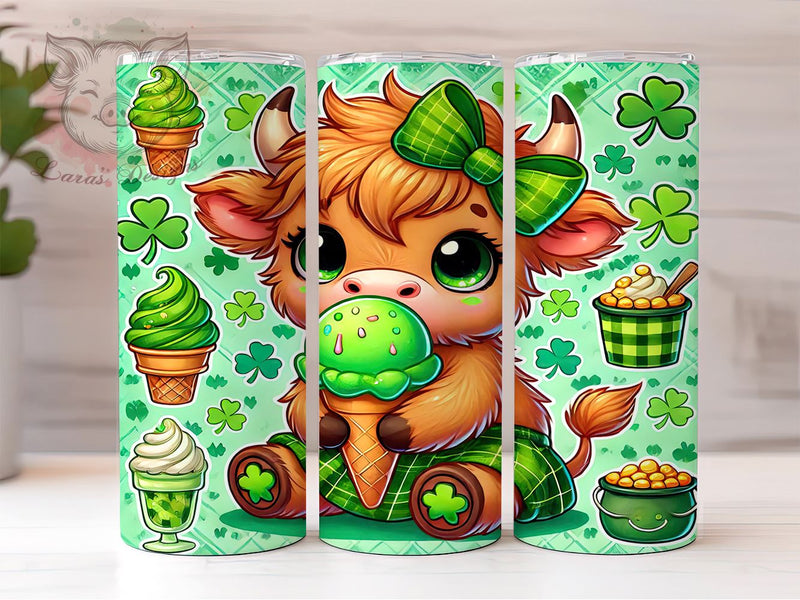 Irish Highland Cow 20oz Tumbler, Highland Cow Tumbler, 20oz Tumbler Wrap, Sublimation Design, Irish Cow, Green Drinkware, Lucky Highland Cow Sublimation Lara' s Designs 