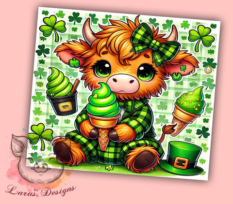 Irish Highland Cow 20oz Tumbler, Highland Cow Tumbler, 20oz Tumbler Wrap, Sublimation Design, Irish Cow, Green Drinkware, Lucky Highland Cow Sublimation Lara' s Designs 