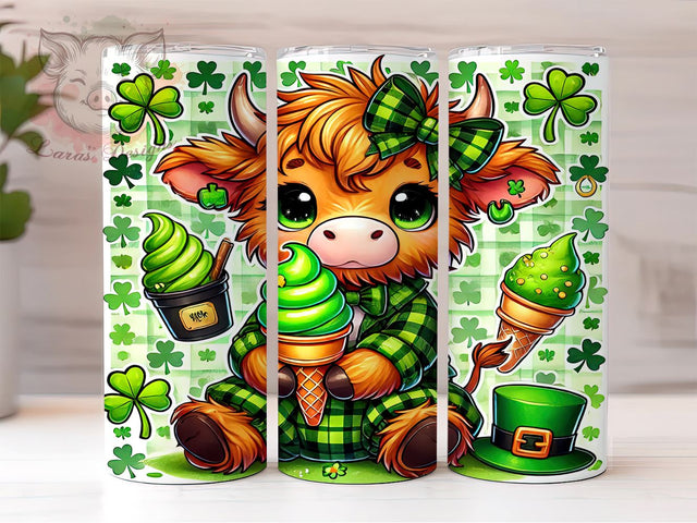 Irish Highland Cow 20oz Tumbler, Highland Cow Tumbler, 20oz Tumbler Wrap, Sublimation Design, Irish Cow, Green Drinkware, Lucky Highland Cow Sublimation Lara' s Designs 
