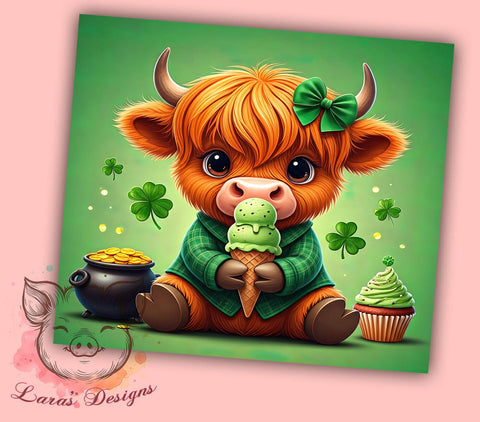Irish Highland Cow 20oz Tumbler, Highland Cow Tumbler, 20oz Tumbler Wrap, Sublimation Design, Irish Cow, Green Drinkware, Lucky Highland Cow Sublimation Lara' s Designs 