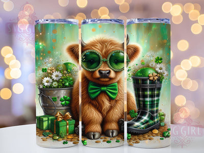 Irish Highland Cow St Patrick Tumbler, Highland Cow, Irish Theme, Shamrock Design, Festive Green, 20Oz Tumbler, Sublimation Wrap Sublimation SvggirlplusArt 
