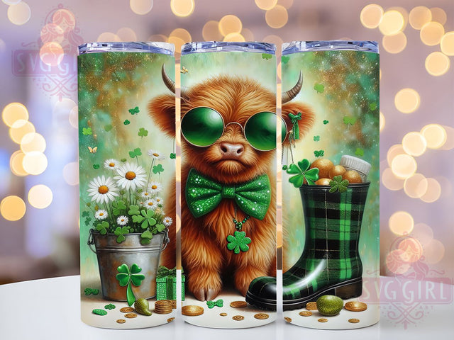 Irish Highland Cow St Patrick Tumbler, Highland Cow, Irish Theme, Shamrock Design, Festive Green, 20Oz Tumbler, Sublimation Wrap Sublimation SvggirlplusArt 
