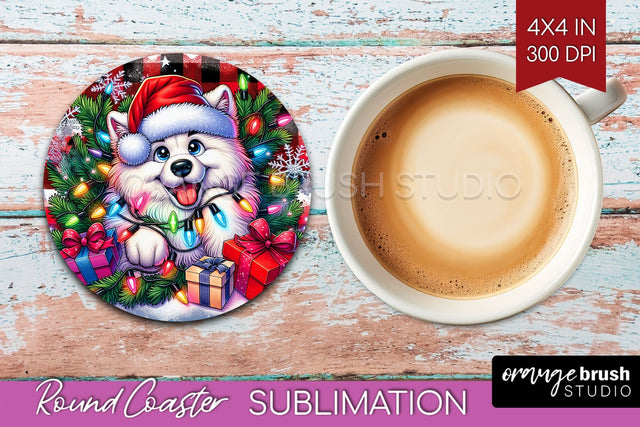 Irish Samoyed Funny Christmas Dog Round Coaster Sublimation OrangeBrushStudio 