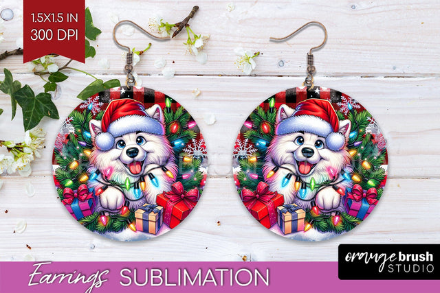 Irish Samoyed Funny Christmas Dog Round Earrings Sublimation OrangeBrushStudio 