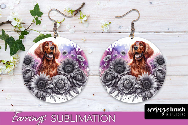 Irish Setter Earrings - Dog Mom Floral Round Earring Sublimation Sublimation OrangeBrushStudio 
