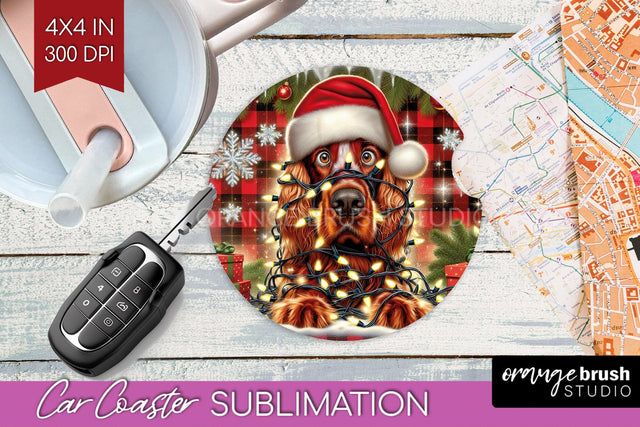 Irish Setter Funny Christmas Dog Car Coaster Sublimation OrangeBrushStudio 