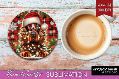 Irish Setter Funny Christmas Dog Round Coaster Sublimation OrangeBrushStudio 