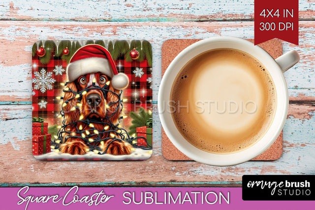 Irish Setter Funny Christmas Dog Square Coaster Sublimation OrangeBrushStudio 