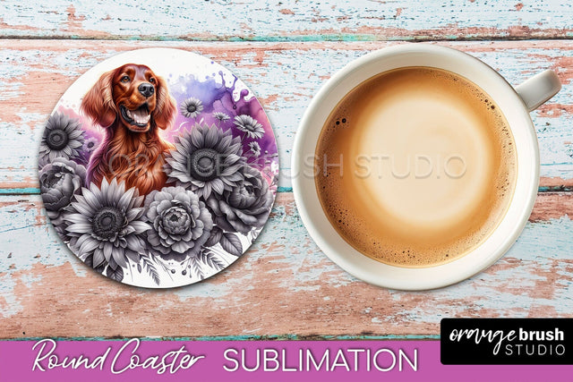 Irish Setter Round Coaster - Dog Mom Floral Coaster Sublimation Sublimation OrangeBrushStudio 