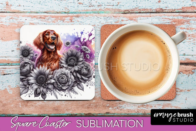 Irish Setter Square Coaster - Dog Mom Floral Coaster Sublimation Sublimation OrangeBrushStudio 