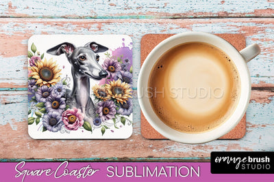 Italian Greyhound Square Coaster - Dog Mom Floral Coaster Sublimation Sublimation OrangeBrushStudio 