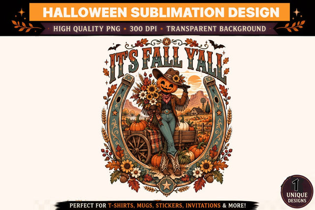 Its Fall Yall PNG, Pumpkin Head Cowgirl Sublimation Design, Western Autumn Harvest Clipart, Vintage Fall T Shirt Graphic Sublimation BlackCatsMedia 