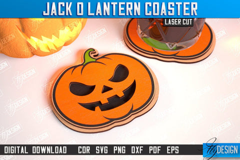 Jack o Lantern Coasters with Stand Laser Cut Bundle | Drinks Coasters | Halloween Design | Seasonal Coasters | CNC Files SVG Fly Design 