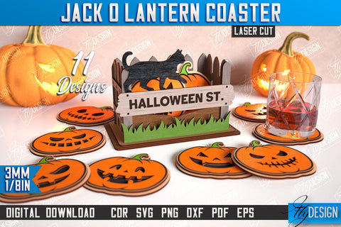 Jack o Lantern Coasters with Stand Laser Cut Bundle | Drinks Coasters | Halloween Design | Seasonal Coasters | CNC Files SVG Fly Design 