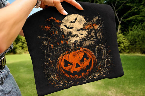 Jack O Lantern PNG, Vintage Halloween Halftone Art, Haunted House Pumpkin Illustration, Spooky Season Moon Graphic, Gothic Fall Shirt Design SVG DesignDestine 
