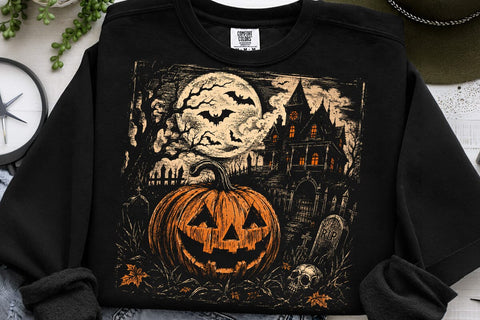 Jack O Lantern PNG, Vintage Halloween Halftone Art, Haunted House Pumpkin Illustration, Spooky Season Moon Graphic, Gothic Fall Shirt Design SVG DesignDestine 