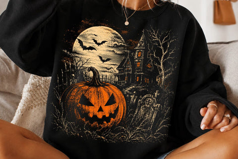 Jack O Lantern PNG, Vintage Halloween Halftone Art, Haunted House Pumpkin Illustration, Spooky Season Moon Graphic, Gothic Fall Shirt Design SVG DesignDestine 