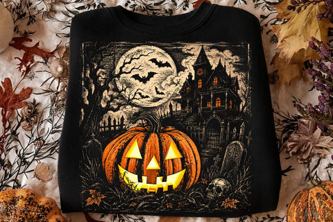 Jack O Lantern PNG, Vintage Halloween Halftone Art, Haunted House Pumpkin Illustration, Spooky Season Moon Graphic, Gothic Fall Shirt Design SVG DesignDestine 