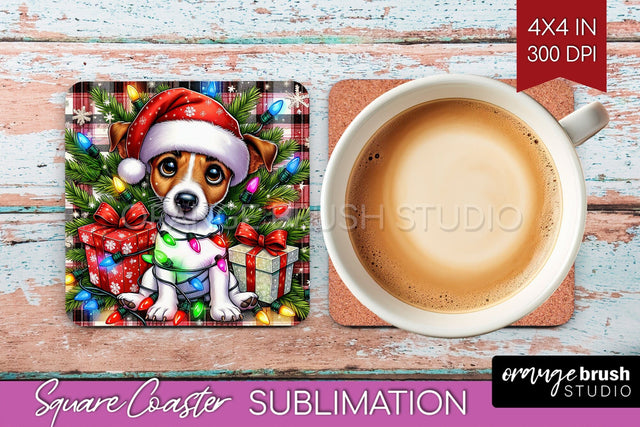 Jack Russell Terrier Funny Christmas Dog Square Coaster Sublimation OrangeBrushStudio 