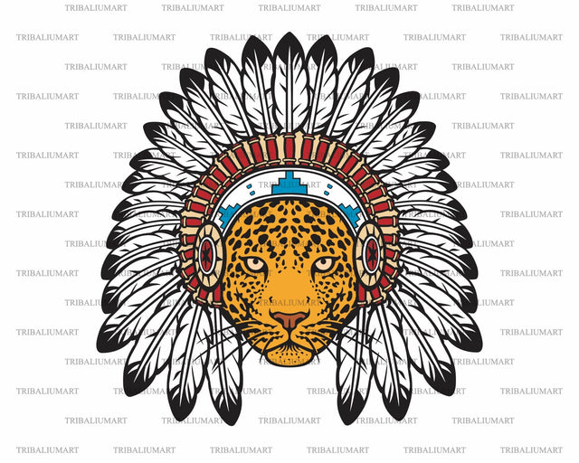 Jaguar Head with Native American Indian Chief Headdress SVG TribaliumArtSF 