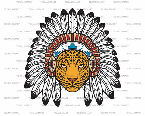 Jaguar Head with Native American Indian Chief Headdress SVG TribaliumArtSF 