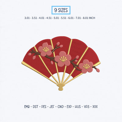 Japanese Folding Fan Embroidery Design – Red Sakura Cherry Blossom Floral Asian Hand Fan Machine Embroidery File Embroidery/Applique DESIGNS PatternFeed8 