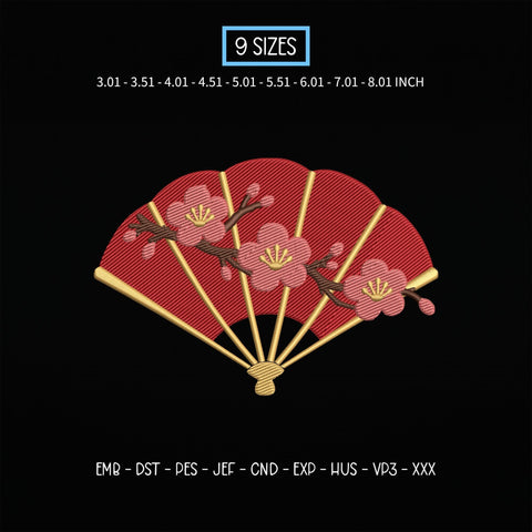 Japanese Folding Fan Embroidery Design – Red Sakura Cherry Blossom Floral Asian Hand Fan Machine Embroidery File Embroidery/Applique DESIGNS PatternFeed8 