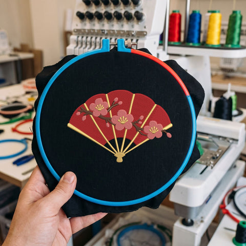 Japanese Folding Fan Embroidery Design – Red Sakura Cherry Blossom Floral Asian Hand Fan Machine Embroidery File Embroidery/Applique DESIGNS PatternFeed8 