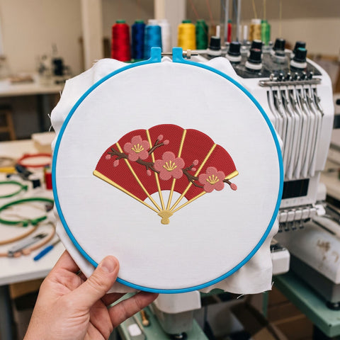 Japanese Folding Fan Embroidery Design – Red Sakura Cherry Blossom Floral Asian Hand Fan Machine Embroidery File Embroidery/Applique DESIGNS PatternFeed8 