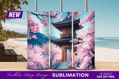 Japanese Pagoda Surrounded By Cherry Blossoms Tumbler Png Sublimation Regulrcrative 
