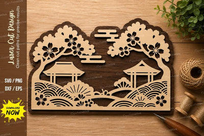 Japanese Village Landscape Wall Art Laser Cut SVG File SVG Regulrcrative 