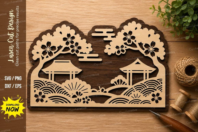 Japanese Village Landscape Wall Art Laser Cut SVG File SVG Regulrcrative 