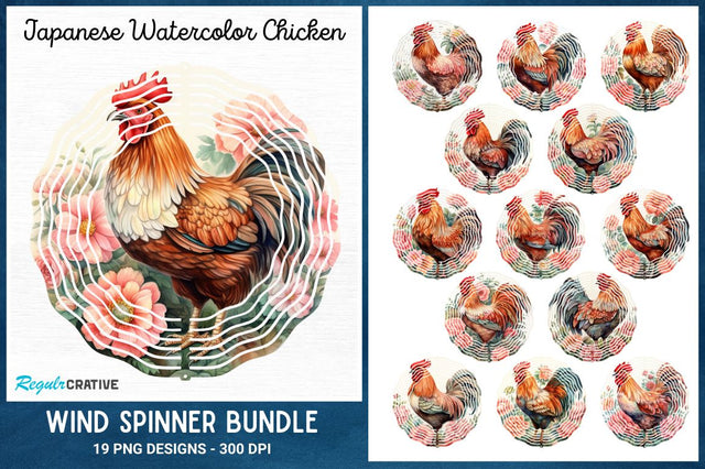 Japanese Watercolor Chicken Wind Spinner Bundle Sublimation Regulrcrative 
