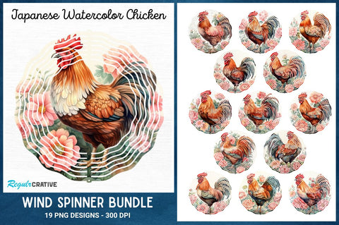 Japanese Watercolor Chicken Wind Spinner Bundle Sublimation Regulrcrative 