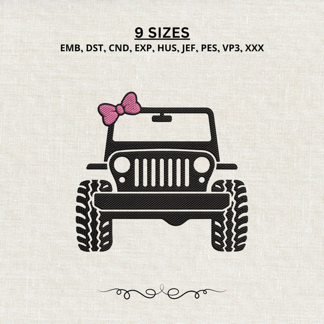 Jeep with Pink Bow Embroidery Design – Girly Off Road SUV 4x4 Vehicle Machine Embroidery File Embroidery/Applique DESIGNS PatternFeed8 