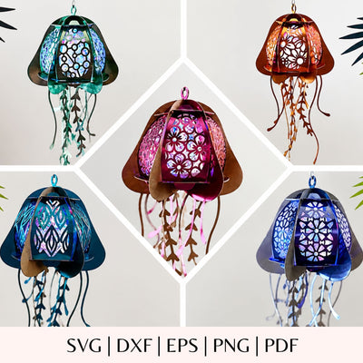 Jellyfish Lantern SVG Bundle - 3D Floral Paper Lantern Cut File - Ocean Shadow Box Lamp - DIY Summer Party Decor Cricut Silhouette Glowforge SVG DreamingSVG 