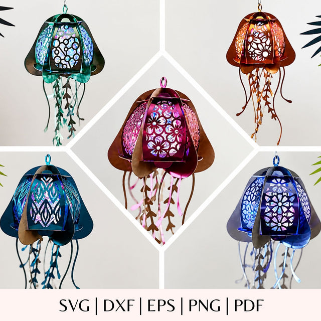 Jellyfish Lantern SVG Bundle - 3D Floral Paper Lantern Cut File - Ocean Shadow Box Lamp - DIY Summer Party Decor Cricut Silhouette Glowforge SVG DreamingSVG 