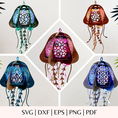 Jellyfish Lantern SVG Bundle - 3D Floral Paper Lantern Cut File - Ocean Shadow Box Lamp - DIY Summer Party Decor Cricut Silhouette Glowforge SVG DreamingSVG 