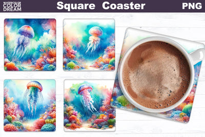 Jellyfish Square Coaster | Watercolor Ocean Square Coaster Sublimation WatercolorColorDream 