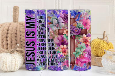 Jesus 20oz skinny tumbler sublimation design God lord strenght defender Christian cross floral digital PNG Straight wrap Waterslide download Sublimation BouDesign 