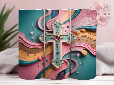 Jesus Cross Glitter 20oz Tumbler, Christian Faith, Catholic Theme, Pink Teal Glitter, Bible Verse, 20oz Wrap, PNG File Sublimation Li Zamperini 