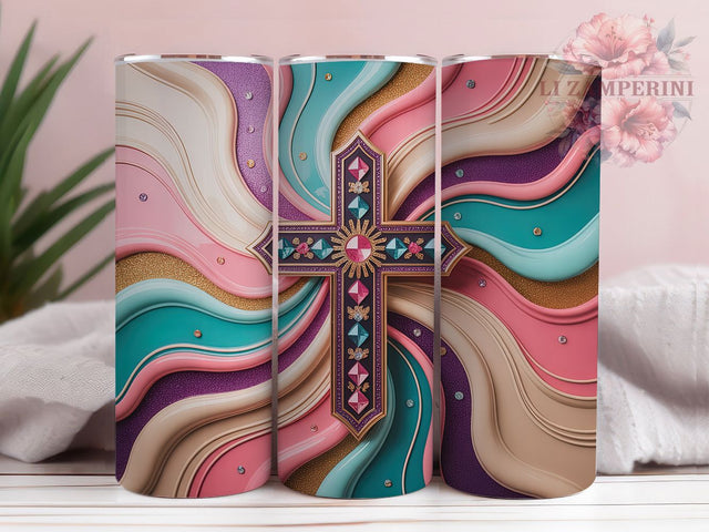 Jesus Cross Glitter 20oz Tumbler, Christian Faith, Catholic Theme, Pink Teal Glitter, Bible Verse, 20oz Wrap, PNG File Sublimation Li Zamperini 